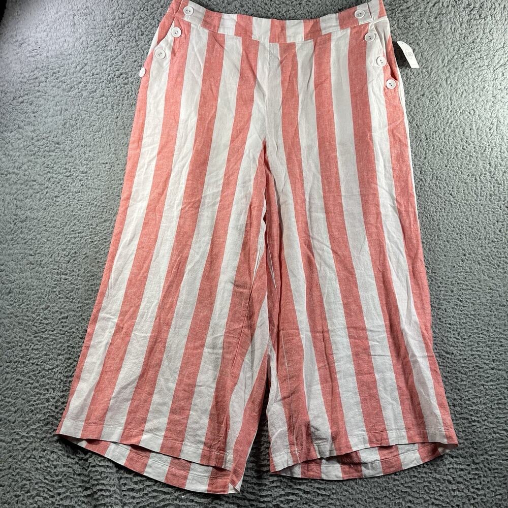 Cato Plus Pants Womens 18/20W Coral Stripe Linen Blend Wide Leg Crop NWT